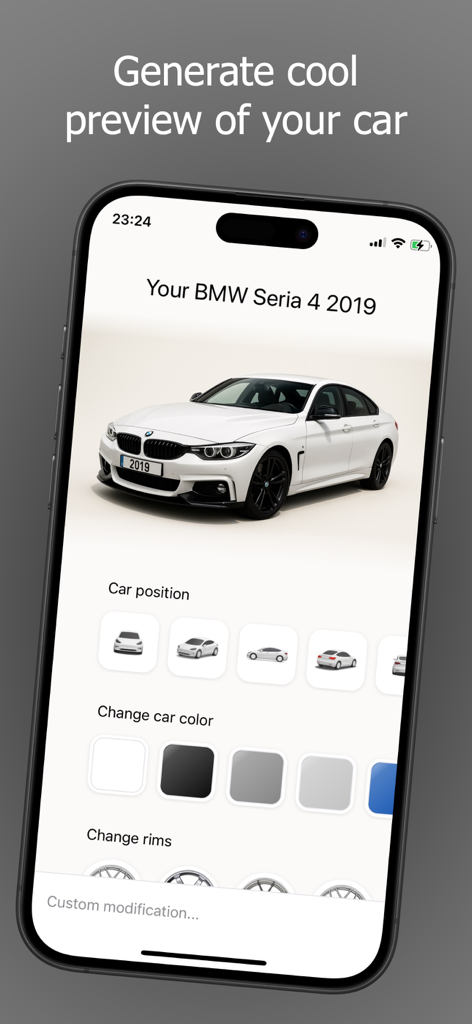 Mobile App-Oberfläche von CarMod AI, die einen weißen BMW mit Optionen zum Ändern der Autofarbe und der Felgen zeigt