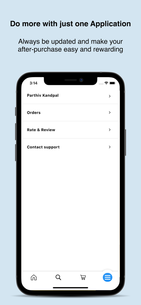 Bizom one (Distiman) - Smartphone screen showing the Bizom one app menu with options for orders account settings and support for retail business owners