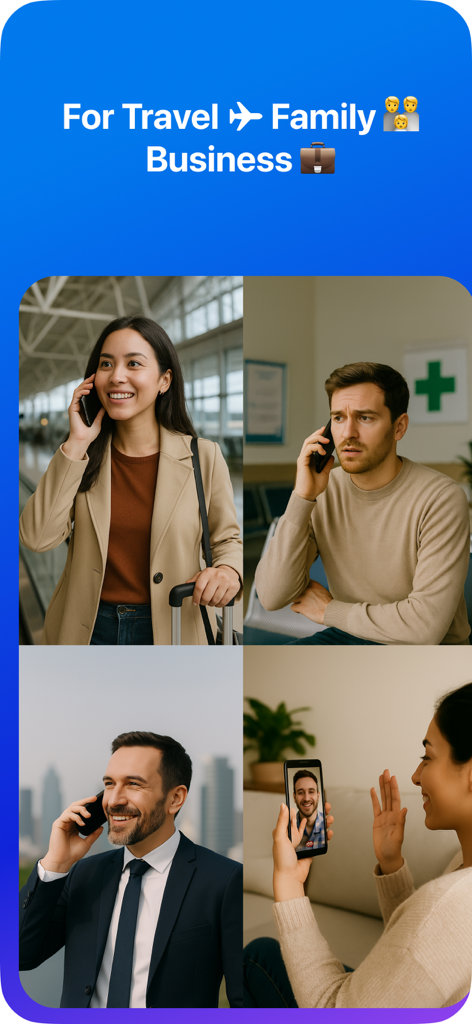 AI Call:Phone Translator&Agent - Eine Collage von Personen, die die AI Call App für Reisen, Familie und Geschäftszwecke nutzen