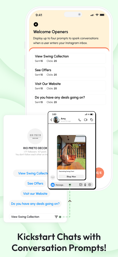 ReplyRush Comment Auto Reply - Interface for setting up Instagram DM welcome openers and conversation prompts in ReplyRush