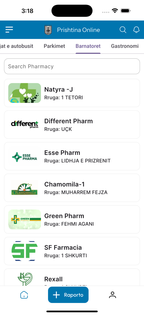 Un directorio de farmacias locales en Prishtina mostrando nombres y direcciones.