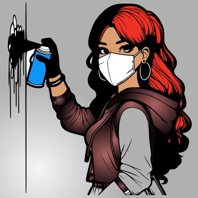 realistic girl with mask spray painting a wall