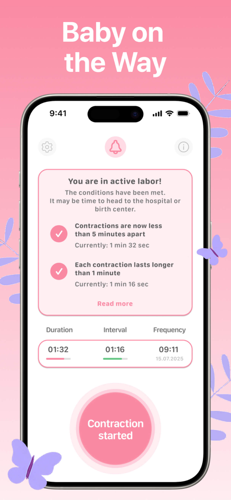 Contraction Timer & Trackerㅤ - Interfaz de una aplicación temporizador de contracciones que muestra una alerta de parto activo y estadísticas de seguimiento