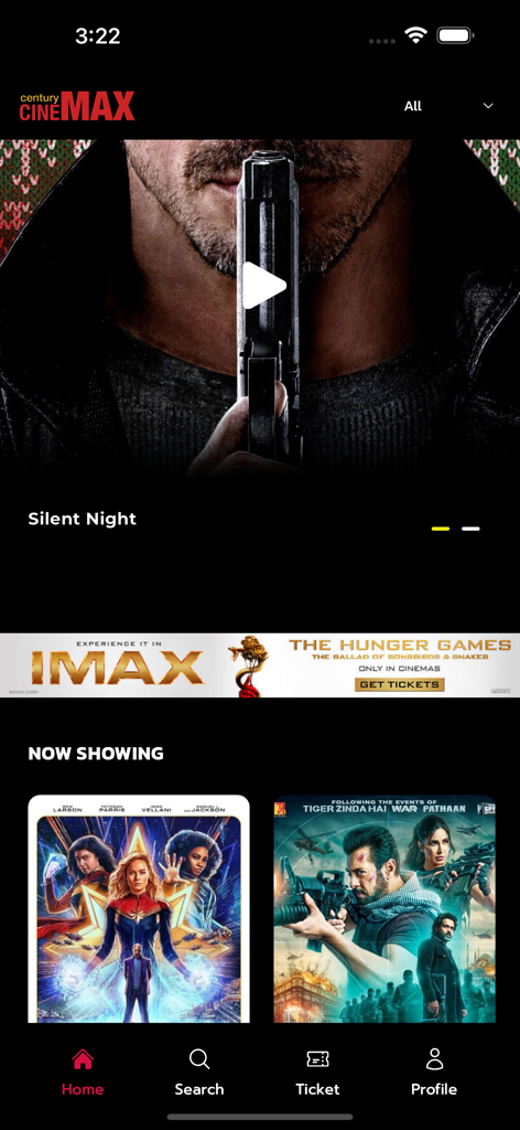 Century Cinemax - Tela inicial do aplicativo Century Cinemax exibindo pôsteres de filmes e filmes em destaque