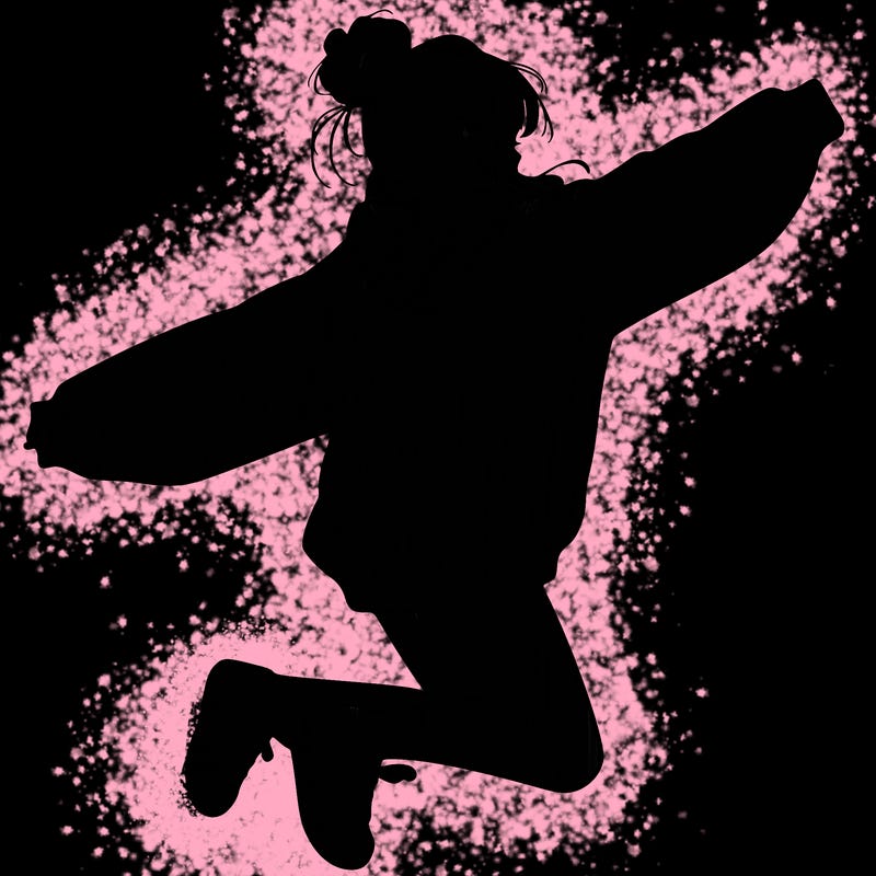 realistic girl jumping with a bun and oversized sweatshirt