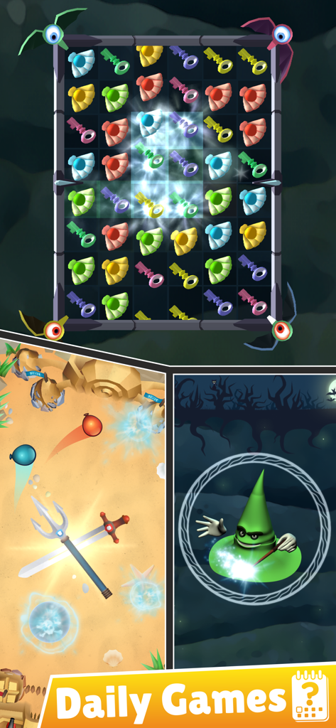 Finger Fights: 2 player games - Un collage que muestra tres minijuegos diferentes de Finger Fights, incluyendo un rompecabezas de combinación de gemas y un duelo mágico bajo el banner de Juegos Diarios.