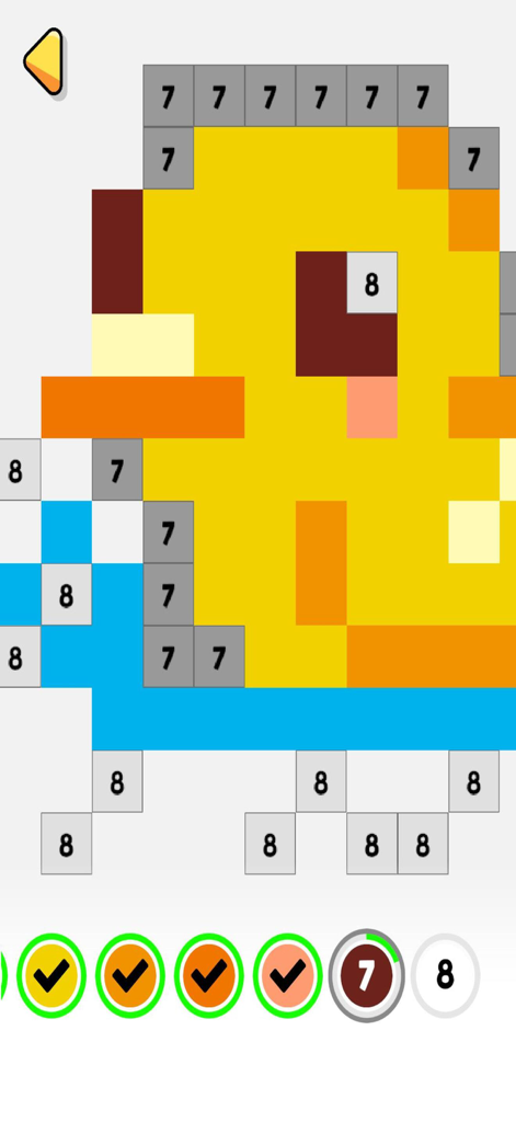 Color by Number - Painting - A pixel art duck in progress on a color by number app interface designed for seniors