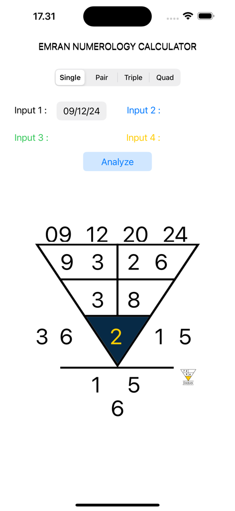 Emran Numerology Calculator - A numerology pyramid chart showing numerical analysis and birth date input within the app interface.