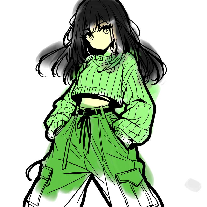 anime teen girl with baggy pants and crop top with sweater