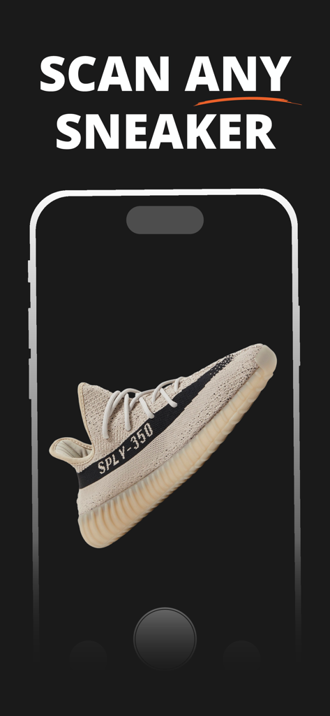 Sneaker Authenticator Ai - Mobile app screen showing the scan any sneaker feature with a Yeezy style shoe