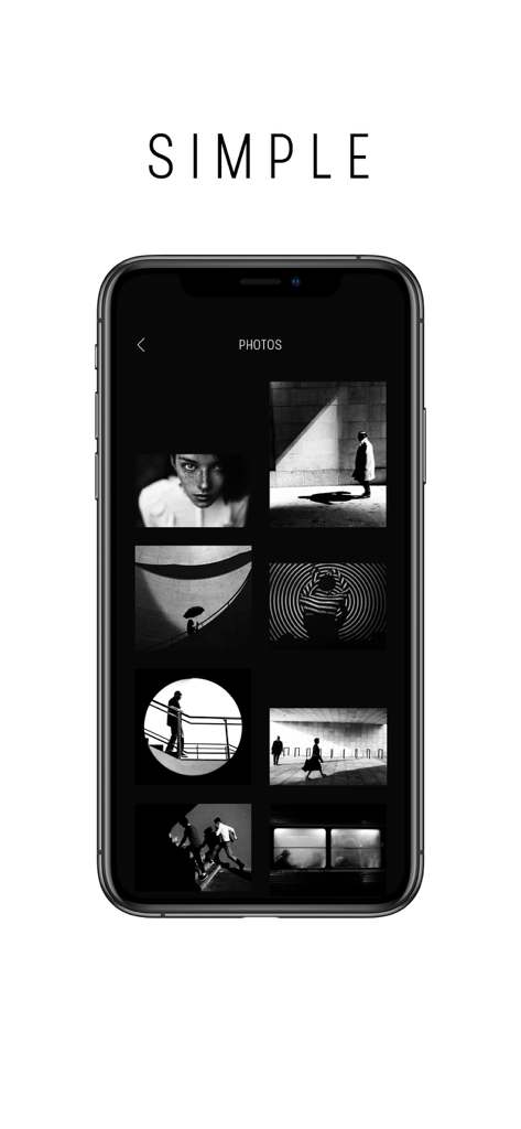 Minimalist photo gallery interface of the Blackie black and white photography app showing artistic monochrome images on an iPhone screen.