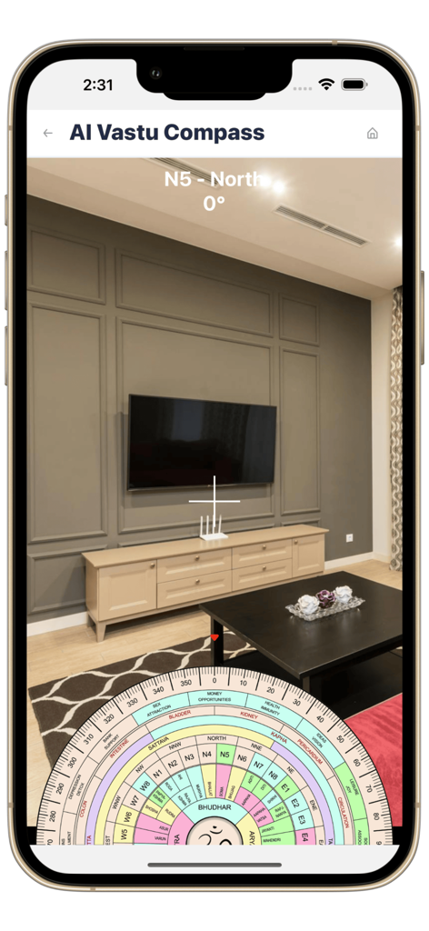 AI Vastu Compass - Smartphone screen displaying AI Vastu Compass app analyzing a living room layout with a detailed 32-direction wheel