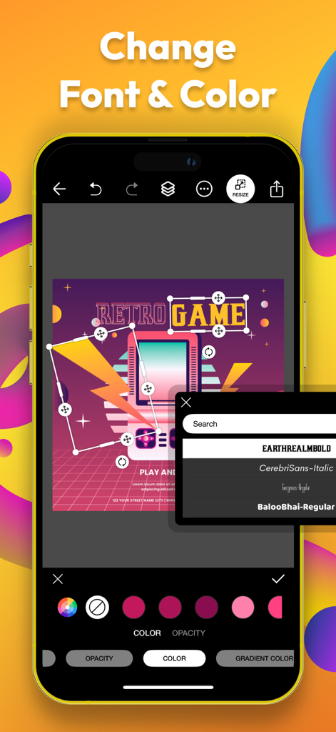 Poster Maker - Crea - Interface of the Poster Maker Crea app showing font and color editing tools for a retro game poster