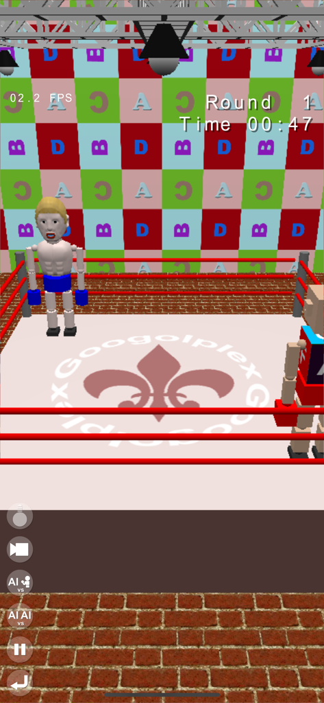 A 3D boxing match in ToyBoxing3D2 showing two toy-like fighters in a ring with colorful backgrounds