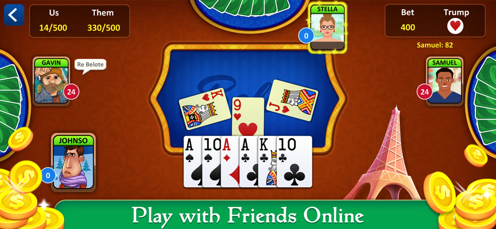 Belote: Trick-taking Card Game - Interface do jogo de cartas Belote mostrando modo multijogador online com pontuações e avatares