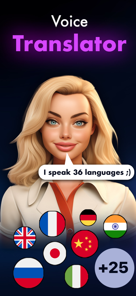 T2S - Voice Changer - Interfaz de traductor de voz IA que muestra un personaje hablando 36 idiomas con varios iconos de banderas internacionales