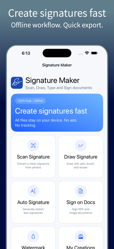 Panel de la aplicación Signature Maker que muestra herramientas para escanear, dibujar y generar firmas para documentos PDF