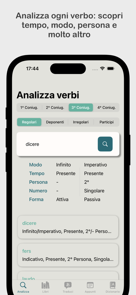Latinorum - Latinorum app interface displaying Latin verb analysis and conjugation details