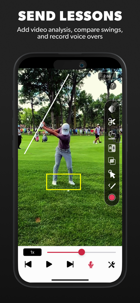 V1 Coach: Video Analysis App - Interfaz de la aplicación móvil V1 Coach que muestra análisis de video de swings de golf con herramientas de dibujo y funciones de grabación de lecciones