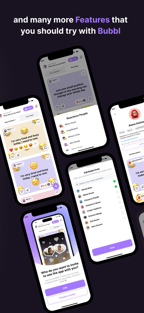 Bubbl Widget - Uma demonstração das telas do aplicativo Bubbl Widget, incluindo atualizações de status, reações de amigos e recursos de gerenciamento de contatos
