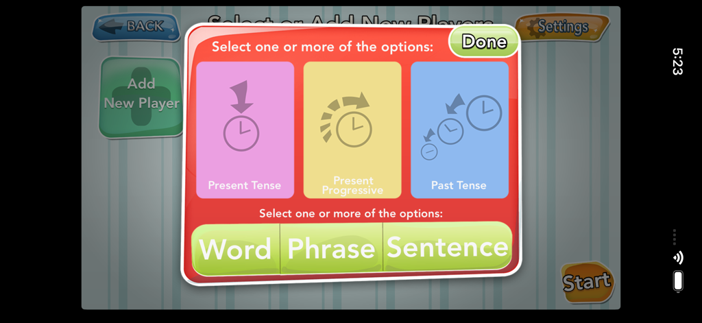 iPractice Verbs - A settings menu in the iPractice Verbs app where users can select verb tenses and practice levels like Word, Phrase, or Sentence.
