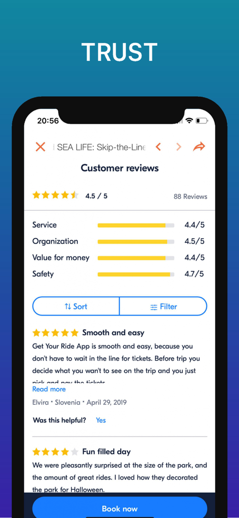 Lake Garda Travel Guide - Lake Garda Travel Guide app interface displaying customer reviews and trust ratings for attractions.