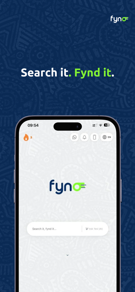 Fynd Rwanda - Fynd Rwanda mobile app home screen featuring a search bar and Tesi AI assistant integration.