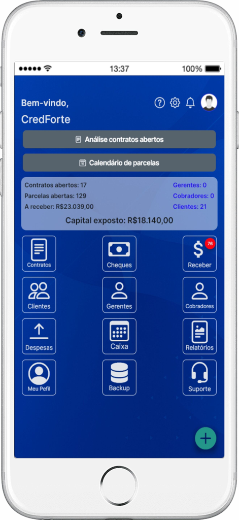 CredForte - Panel de la aplicación CredForte que muestra un resumen financiero y herramientas de gestión empresarial