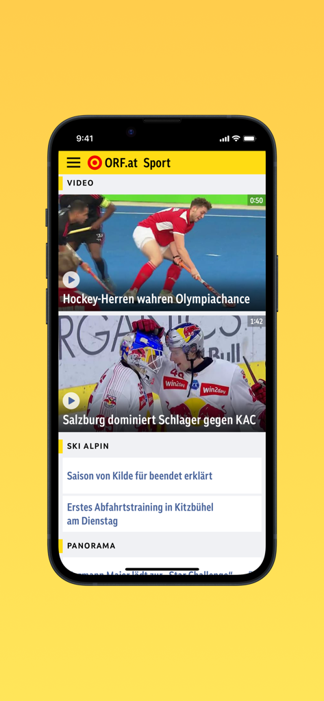 ORF.at Sport - Interfaccia dell'app ORF.at Sport che mostra highlights video sportivi e titoli di notizie per sci e hockey.