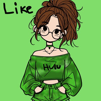 girl with a messy ponytail glasses a baggy crop top and jean shorts