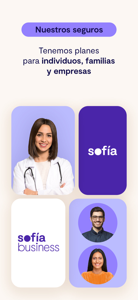 Sofía - Interface do aplicativo Sofia exibindo planos de seguro médico para indivíduos, famílias e empresas