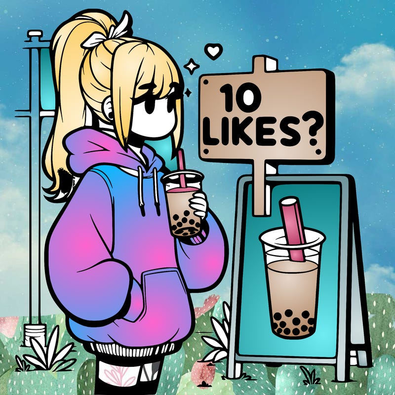 girl with oversized hoodie drinking boba and she has a high ponytail with a sign that says 10likes?