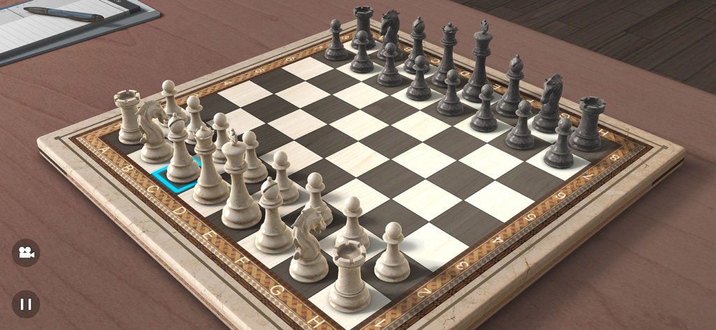 A realistic 3D chess game with marble and wooden textures on a table.