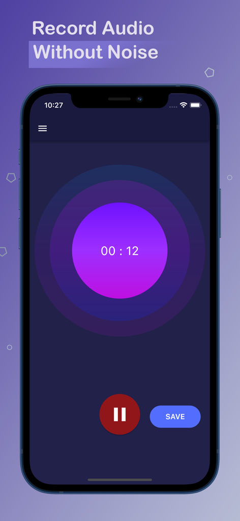 A smartphone showing the audio recording interface of the AI Background Noise Reducer app