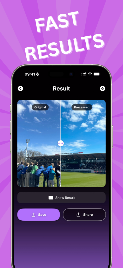 Object Remover - Untag AI - A side-by-side comparison in the app showing a crowd removed from a stadium photo using AI.