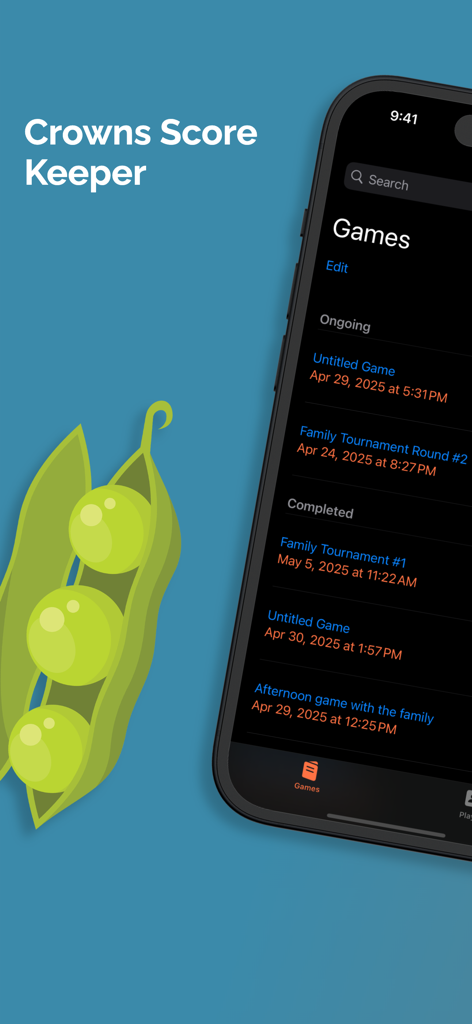 Crowns Score Keeper - クラウンズ スコアキーパーアプリのインターフェース。進行中および完了したカードゲームのリストを表示しています。