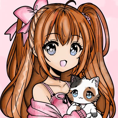 cute anime girl with long hair in a ponytail holding a cat