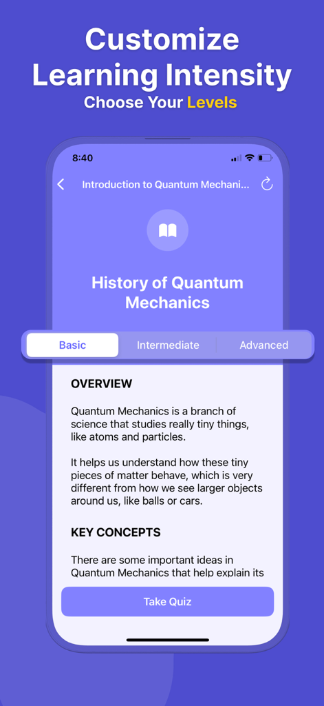Daily Learning: Learn With AI - Mobile interface for choosing basic intermediate or advanced difficulty for a course on Quantum Mechanics