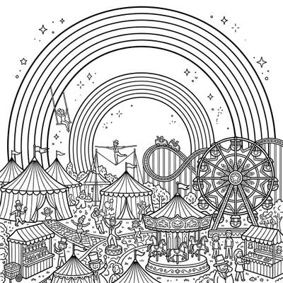 Experience the wonder of a bustling carnival fairground, made even more magical by the rare sight of twinned rainbows arching overhead. This intricate coloring page invites you to bring a world of thrilling rides, lively performers, and joyful crowds to life with your favorite colors.
