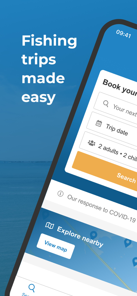 Interface do aplicativo móvel FishingBooker exibindo um formulário de pesquisa para reservar viagens de pesca com o slogan Viagens de pesca fáceis