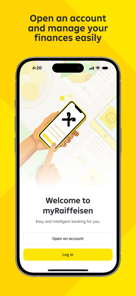 my Raiffeisen - Welcome screen of the my Raiffeisen mobile banking app showing options to open an account or log in on an iPhone
