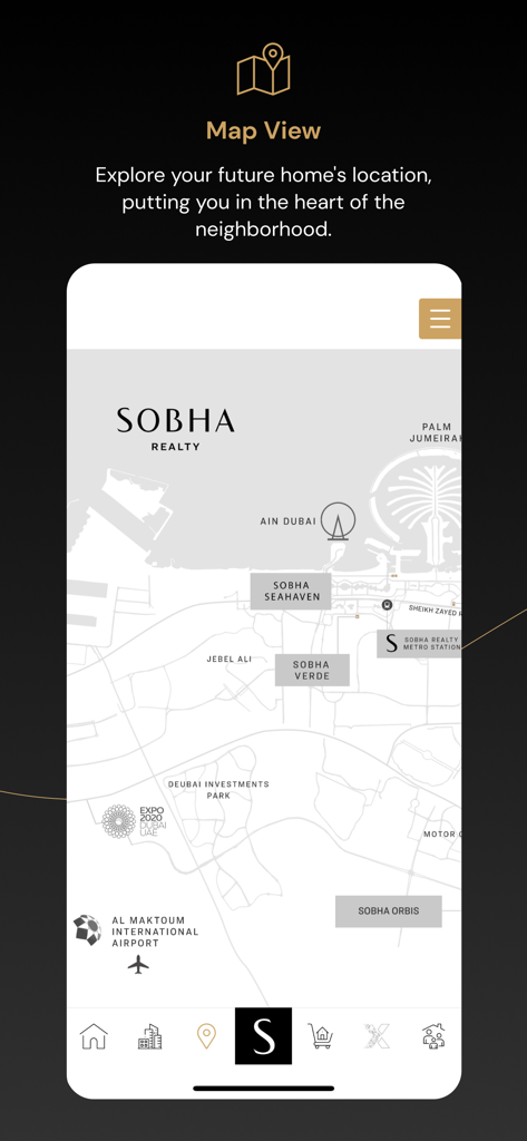 ONE Sobha App - Map view of luxury real estate properties in Dubai within the ONE Sobha App interface