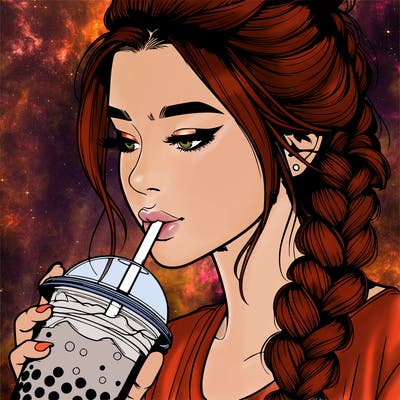 realistic girl drinking boba tea with braided hair