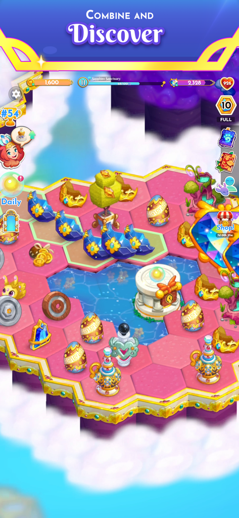 Midas Merge: Relaxing Games - Midas Merge gameplay showing a magical floating island with golden eggs and sapphire trees on a hexagonal grid