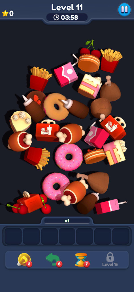 Food Match 3D: Tile Puzzle - Capture d'écran de gameplay de Food Match 3D montrant divers aliments à associer