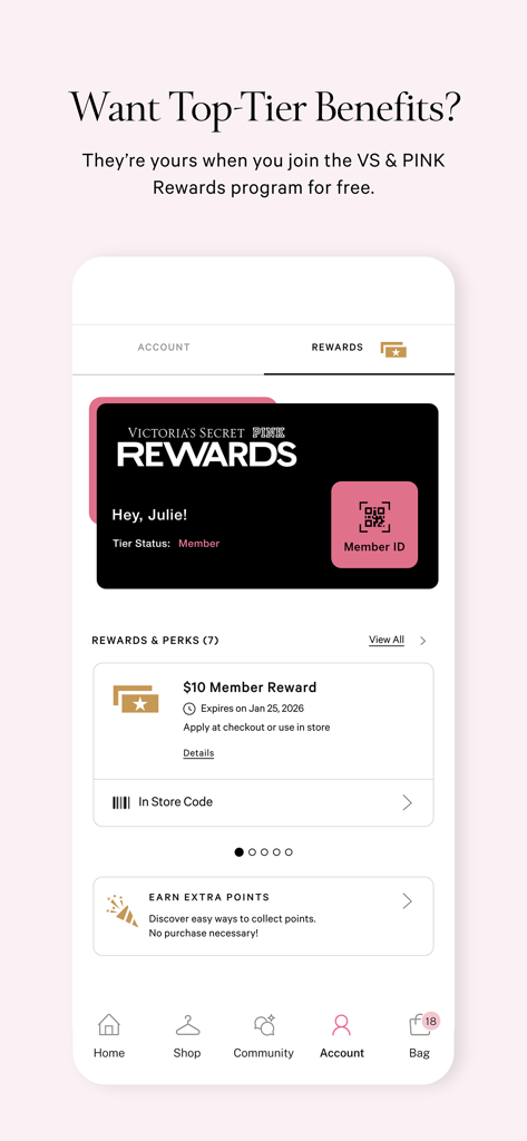 Painel de recompensas do aplicativo Victoria's Secret exibindo ID de membro e recompensas disponíveis