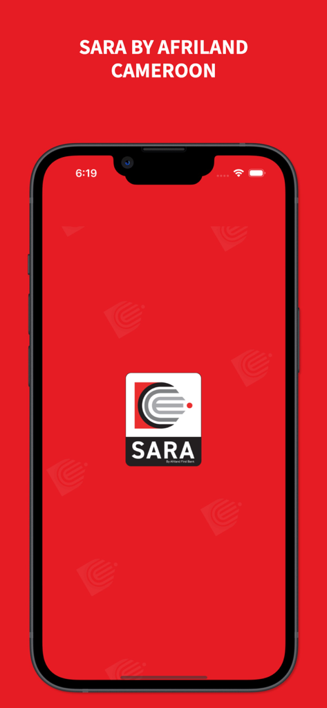 Écran de démarrage de l'application bancaire mobile SARA by Afriland Cameroon