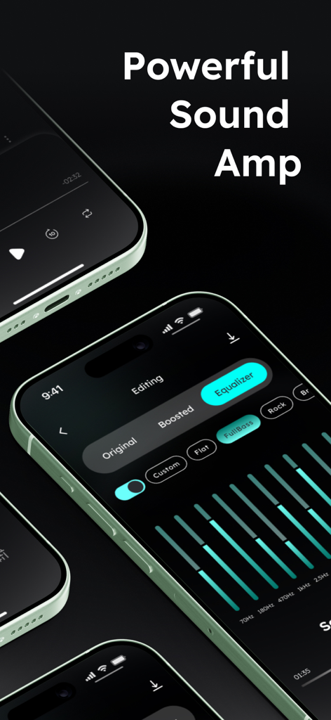Music Equalizer: Audio Booster - Pantalla de iPhone que muestra la interfaz del ecualizador con controles deslizantes de frecuencia y preajustes de audio.