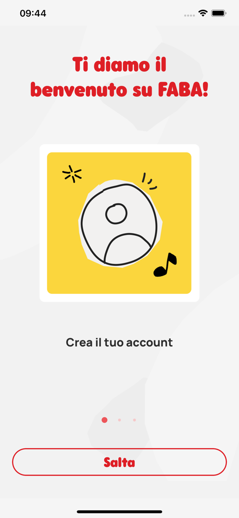 MyFaba app welcome screen for account creation featuring a yellow avatar illustration