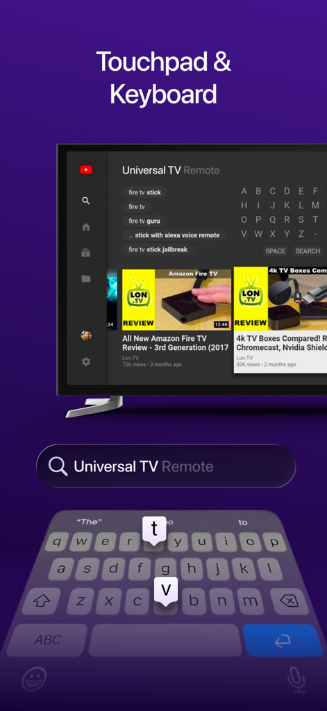 Universal TV・Remote Control・ - A mobile app interface demonstrating a keyboard and touchpad for searching content on a smart TV.